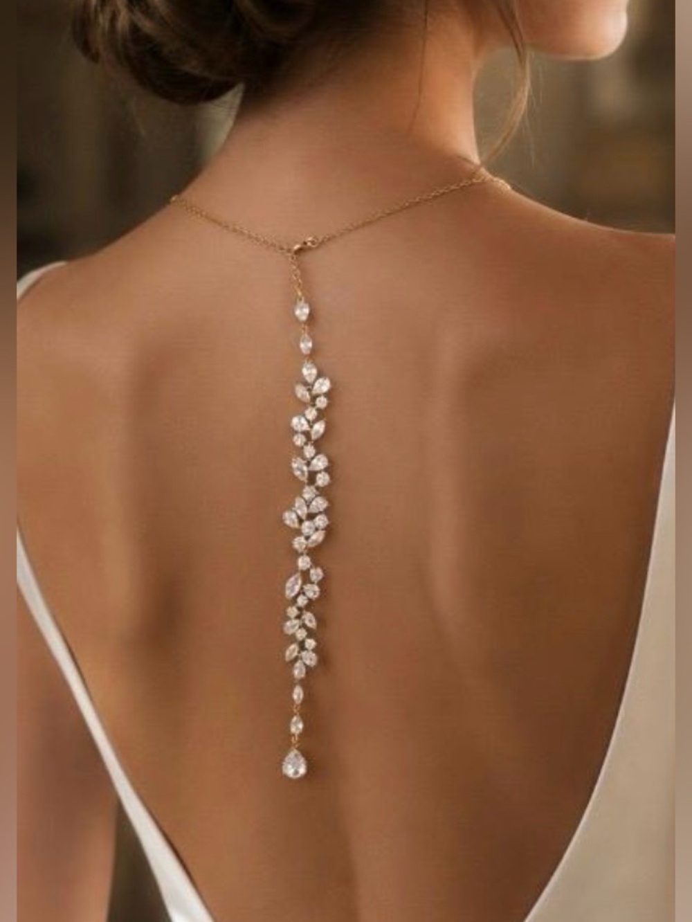 NEW! Elegant Gold Leaf Crystal Back Necklace. Luxury Wedding Spine Chain B0-2